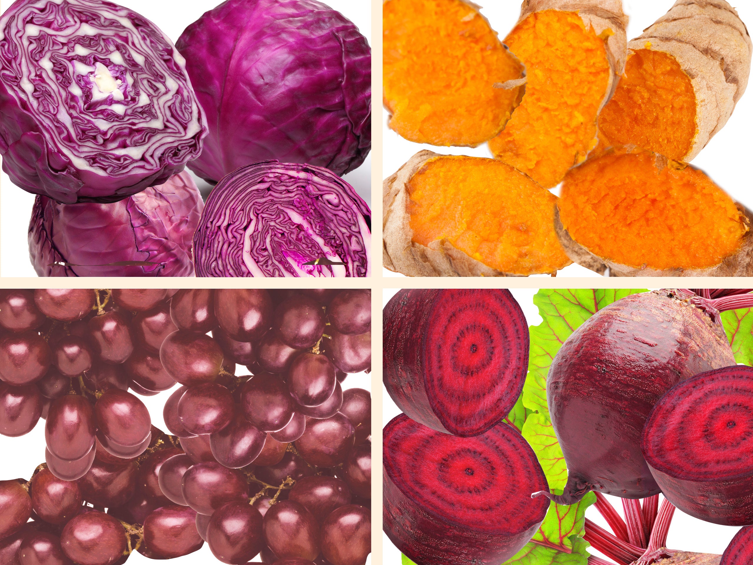 Collage of purple cabbage, turmeric, red grapes, and beets.