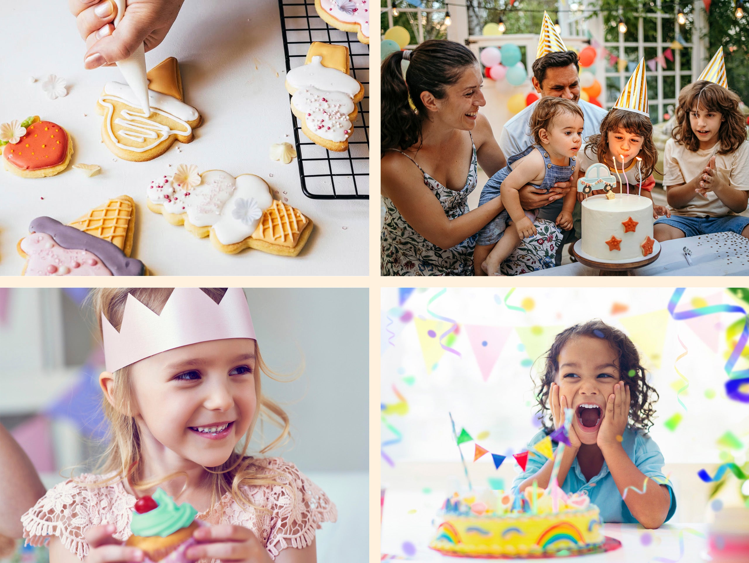 Collage of images including cookies, a family with children at a birthday party, and a child with a birthday cake.