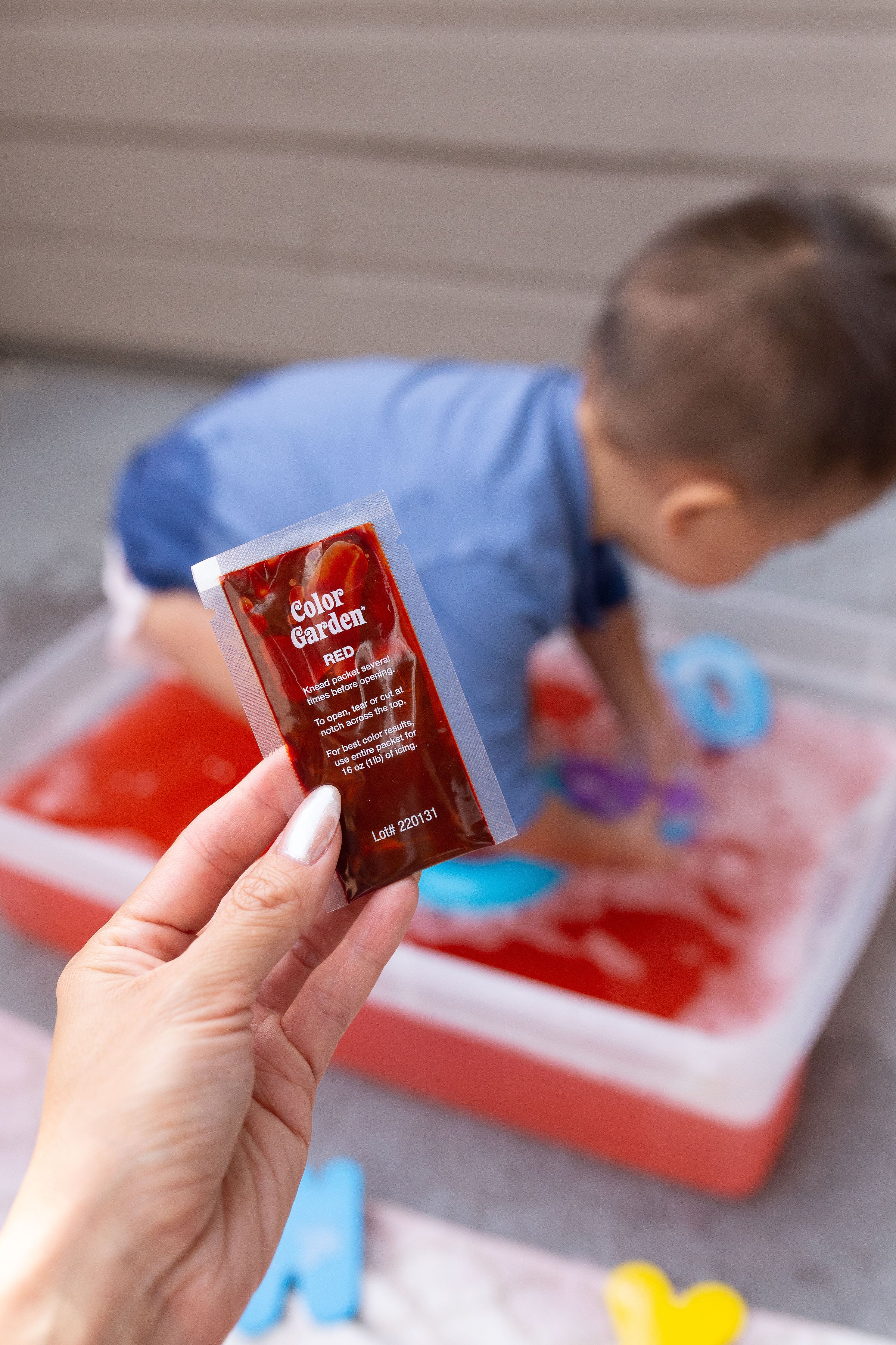 hand holding color garden red color with boy playing in background