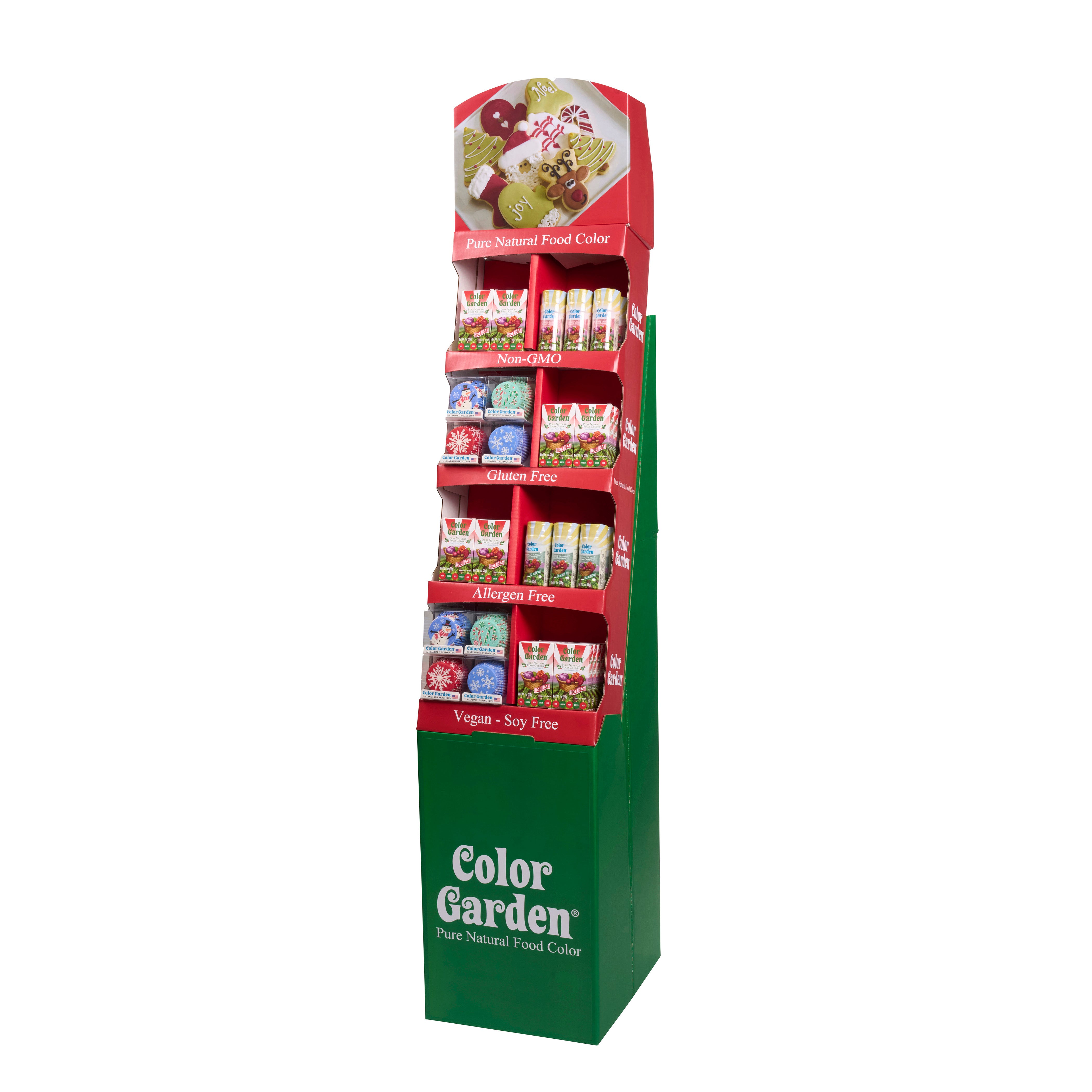 holiday display shipper with holiday colors, holiday sugars and baking ups